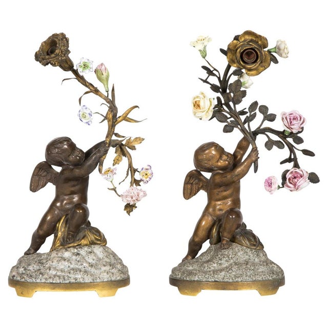 Gold 19th Century Table Lamps in Patinated Bronze, Porcelain and Granite, Set of 2 For Sale - Image 8 of 8