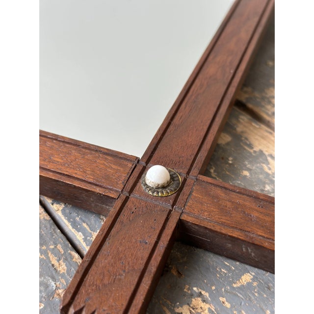 Antique Walnut Cross-Hatch Framed Mirror With Porcelain + Brass Cabochon Details, Circa Early 20th Century For Sale - Image 11 of 13