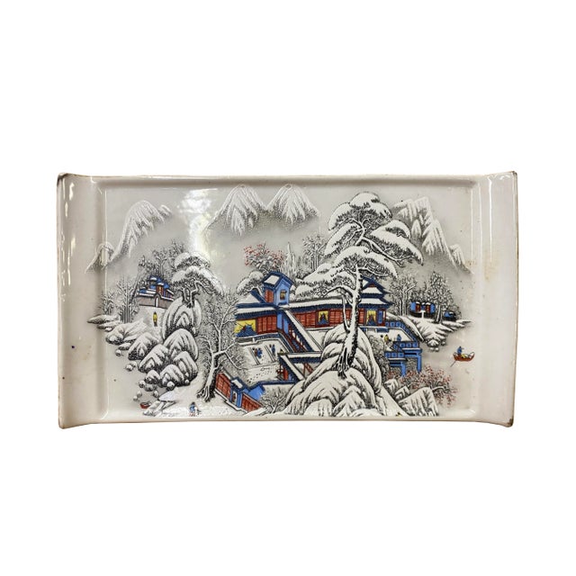 Distressed White Porcelain Snow Trees House Rectangular Display Plate For Sale In San Francisco - Image 6 of 6