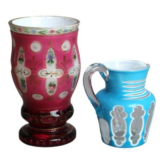 Circa 1900 Antique Decorated Bohemian Art Glass- Set of 2 For Sale