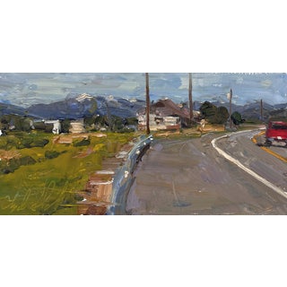 Around the Bend by Clyde Steadman | Oil on Board Landscape with a winding road and mountains For Sale