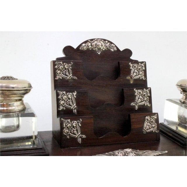 Rosewood and Glass Inkwell with Silver Applications, Pens, Business Card Holder and Feet For Sale - Image 4 of 8