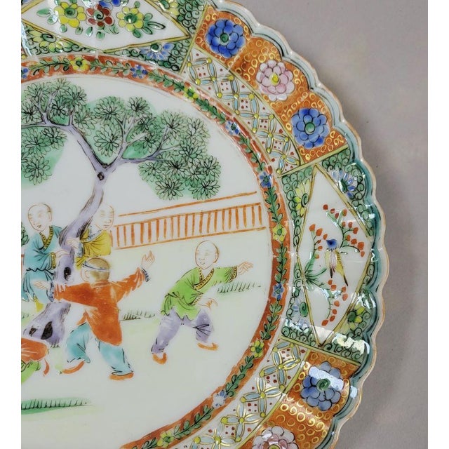 Antique Chinese Famille Verte Medallion Scalloped Plate With Boys, Early Republic Period For Sale - Image 4 of 6