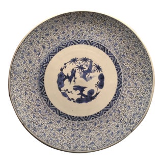 Antique 16" Blue and White Plate With Detailed and Intricate Hand Painting Pine and Plum Design For Sale