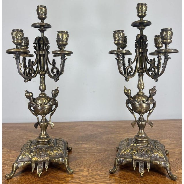 Vintage French Mantel Clock Garniture with Candelabras, Set of 3 For Sale - Image 3 of 18