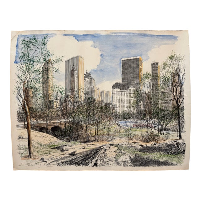 Vintage Signed S. Finkelstein Central Park New York City Skyline Mixed Media Drawing For Sale