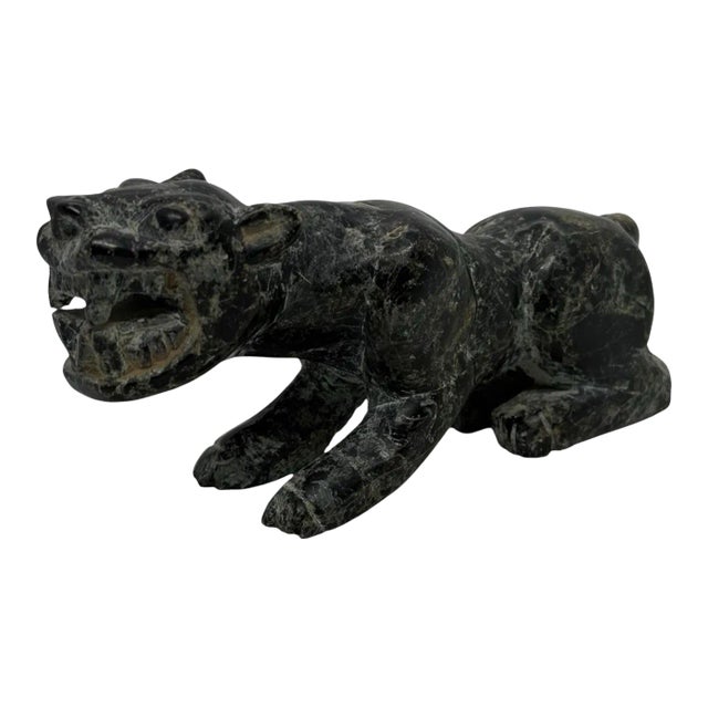 Vintage Chinese Green and Black Carved Soapstone Tiger Figurine For Sale