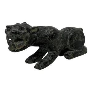 Vintage Chinese Green and Black Carved Soapstone Tiger Figurine