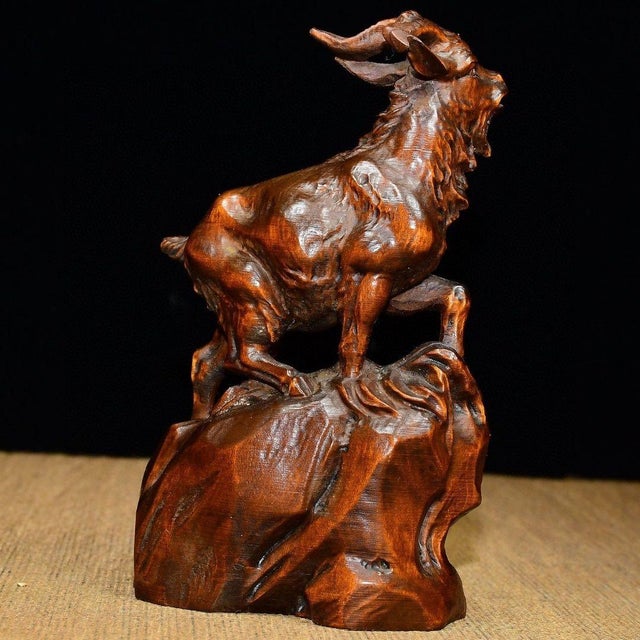 1990s Chinese Hand-Carved Boxwood Goat Figurine, Auspicious Symbol For Sale - Image 5 of 10