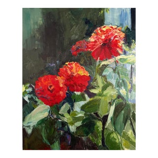 Zinnia Sonata, Original Oil Painting by Julia Lawing For Sale
