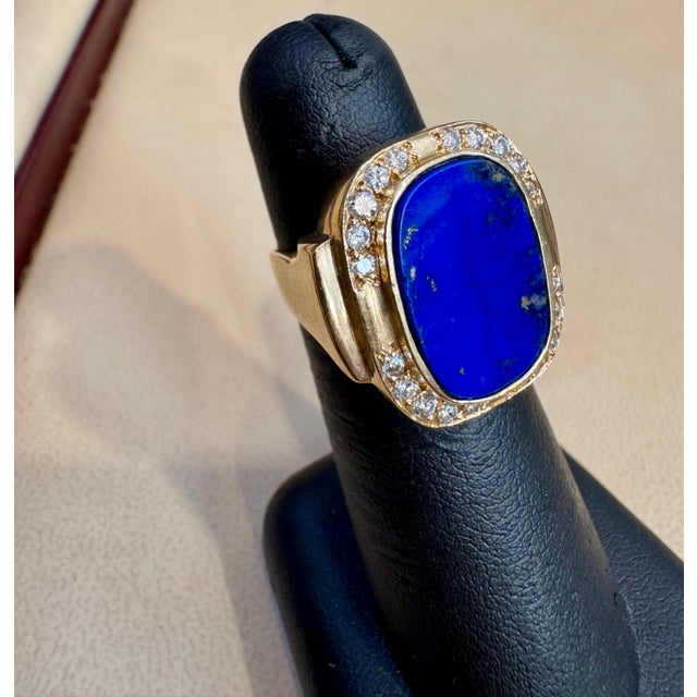 8.5 Ct Emerald cut Natural Lapis Lazuli + Diamond Ring 14 Kt Yellow Gold, 5.5 S For Sale - Image 9 of 18
