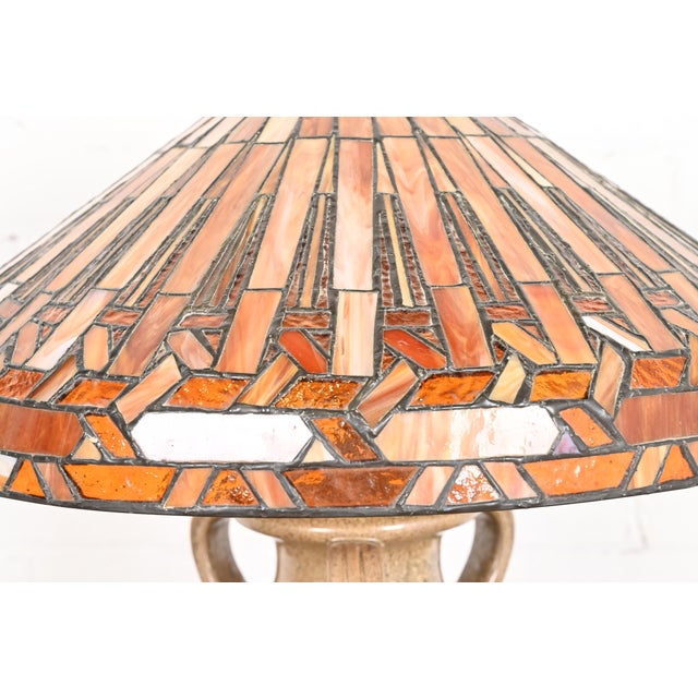 Tiffany Style Arts & Crafts Ceramic Table Lamp With Stained Glass Shade For Sale - Image 9 of 13