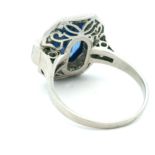 1930s Art Deco Platinum Ceylon Sapphire and Diamond Ring With Gia Certified 2.50 Carat, Size 7.5 For Sale - Image 9 of 12