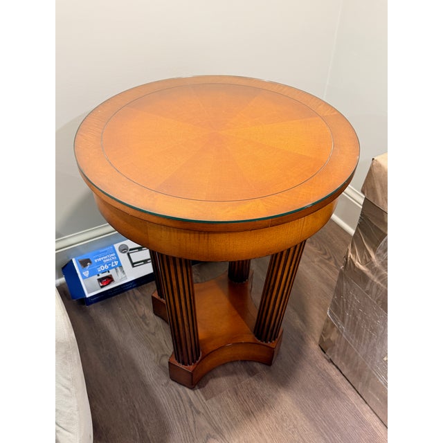Baker Round Side Table Four fluted column legs support the glass top. 24” d with glass top x 29” h