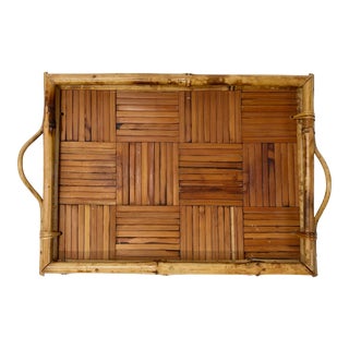 Vintage Rattan and Wood Rectangular Tray For Sale