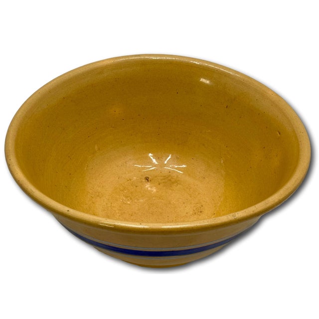 Ceramic Antique Thick Yellow Ware 12 Inch Kitchen Mixing Bowl With Unusual 2 Color Blue Banded Decoration - Late 1800s. For Sale - Image 7 of 18