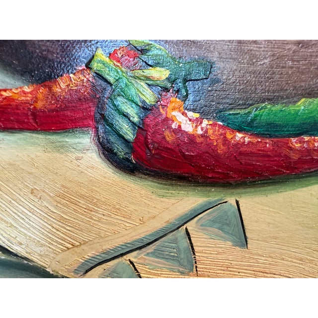 Folk Art Late 20th Century Textured Signed Oil Painting Still Life, Folk Art Pottery Corn Adobe Scene Art For Sale - Image 3 of 13
