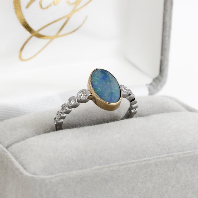 1ct, 11x7mm Australian Opal Ring W Natural Diamonds in 14k White and Yellow Gold For Sale In Columbus - Image 6 of 7