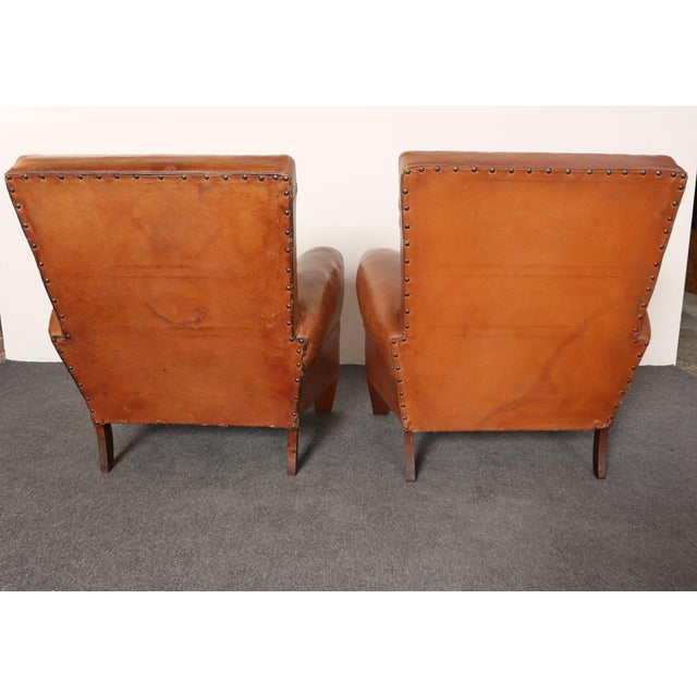 1930s Pair of French Art Deco Leather Angled Back Club Chairs With Nailhead Decoration For Sale - Image 5 of 18