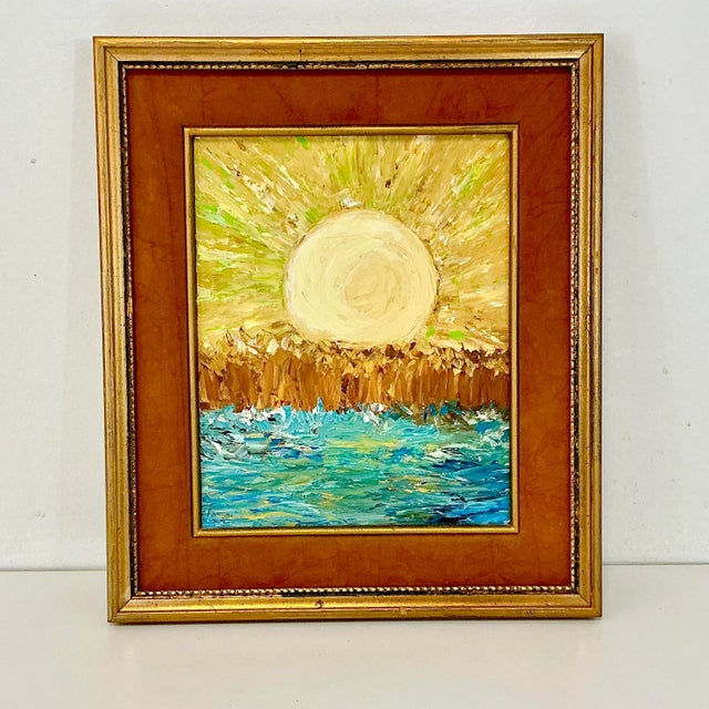 1970s Impressionist Abstract Sea & Sun Original Oil Painting, Framed & Unsigned For Sale - Image 4 of 9