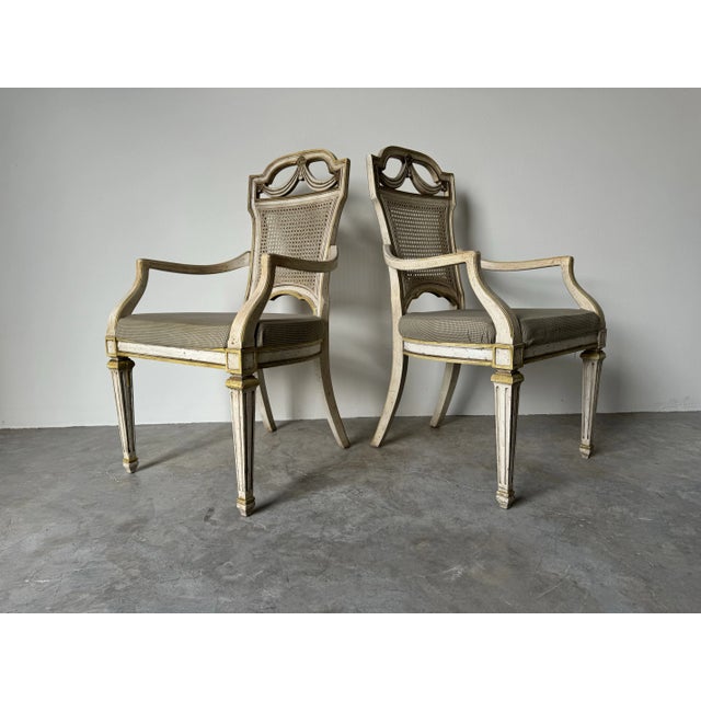 This exquisite pair of vintage Drexel Heritage accent chairs embodies timeless Neoclassical style. Featuring elegant...