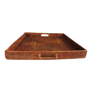 Square Woven Rattan Serving Tray With Handles For Sale