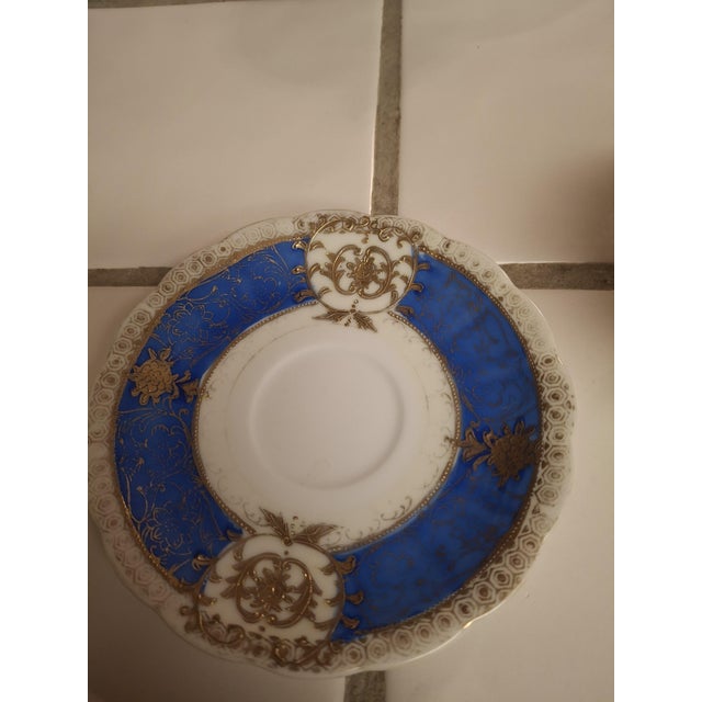 Victorian Vintage Cobalt Blue and Heavy Gold Floral Porcelain Teacup & Saucer For Sale - Image 3 of 3