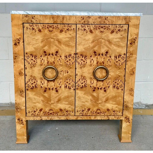 Original retail $3690, stylish Worlds Away Modern Burl Wood and White Marble Vanity, I have two with different finishes...