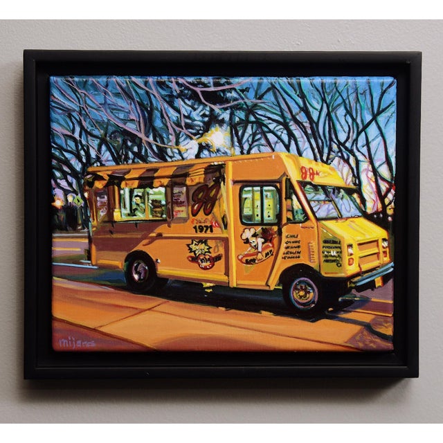 Contemporary JJ's Hot Dog Truck I by Maria Mijares | Acrylic on Linen Yellow food truck in an evening setting For Sale - Image 3 of 4