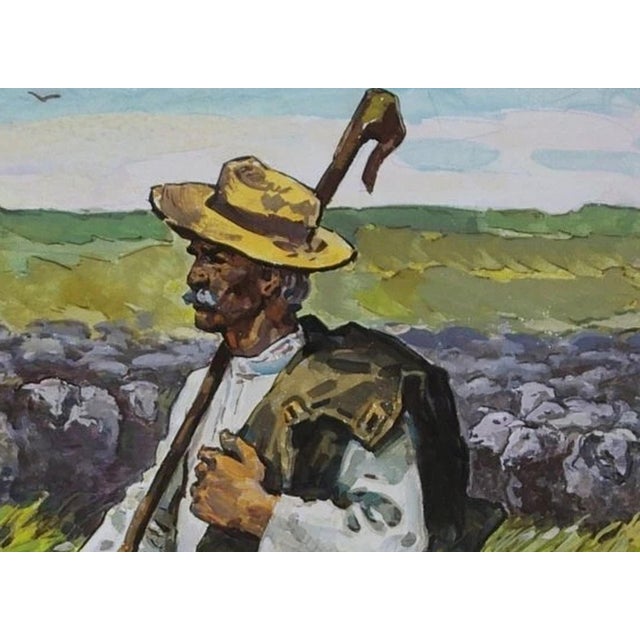 Realism Ukrainian Shepherd Gouache Painting: Vintage Soviet Art, 1987 30-41 For Sale - Image 3 of 6