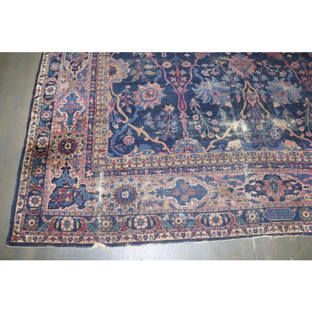 Persian Antique Worn Navy Yazd Rug no. j5349 For Sale - Image 3 of 16