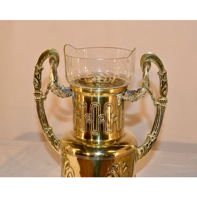 Brass Pair of 19th C. Hand Cast Brass Vases With Glass Inserts For Sale - Image 8 of 11