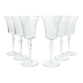 6 Vintage Etched Flower Optic Wine, Water or All Purpose Glasses For Sale