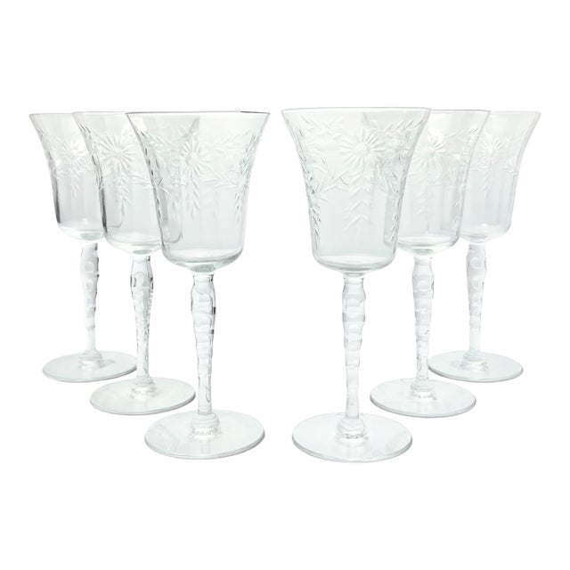 6 Vintage Etched Flower Optic Wine, Water or All Purpose Glasses For Sale