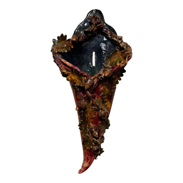 Early 20th Century French Barbotine Majolica Cornucopia Wall Pocket For Sale