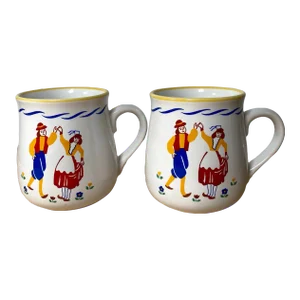 Newcor Folklore Stoneware Mug - Set of 2, Dutch Dancing Couple, Blue Lines, Yellow Trim