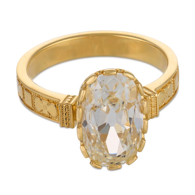 Modern Mid 20th Century Gia 3.04 Carat Old Mine Cut Diamond 18k Yellow Gold Engagement Ring, Size 6 For Sale - Image 3 of 6
