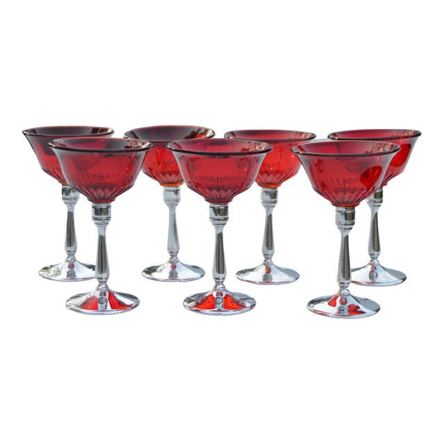 Vintage Red Glass & Silver Stemmed Goblets - Set of 7 For Sale