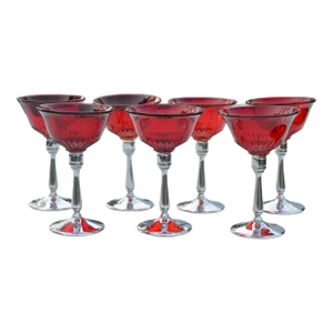 Vintage Red Glass & Silver Stemmed Goblets - Set of 7