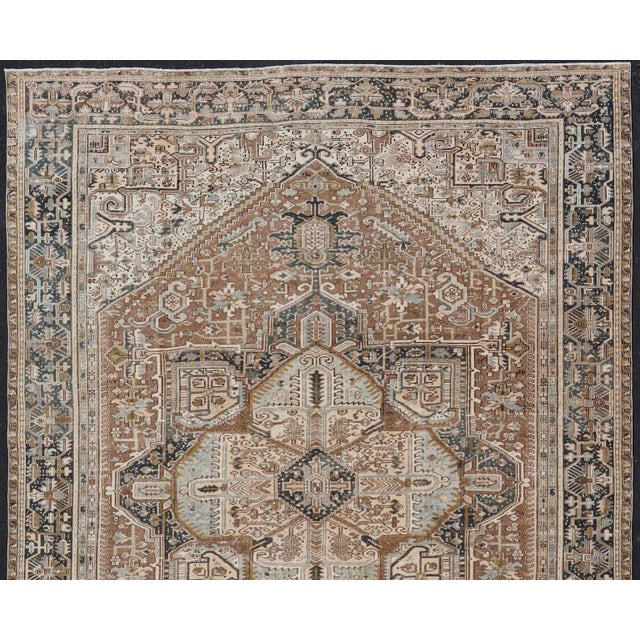 Tribal Persian Antique Heriz Rug With Geometric Design in Blue's, Tan, Cream, and Brown 11'5 X 14'7 For Sale - Image 3 of 17