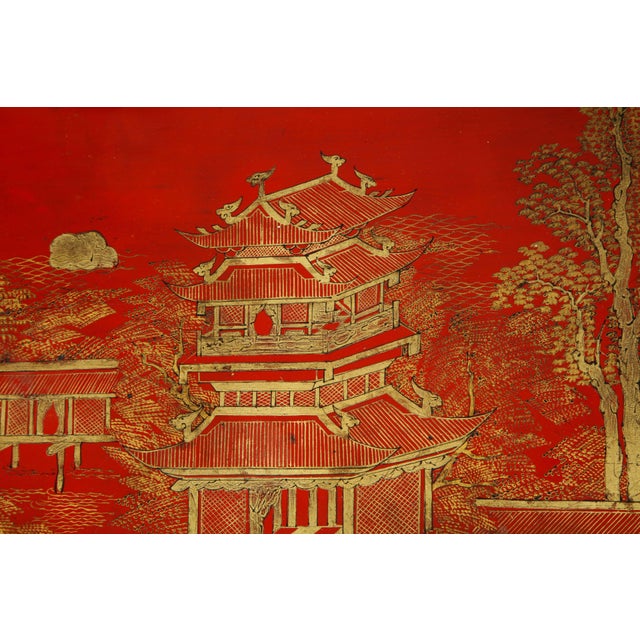 Red Vintage Hand Painted Red Lacquered Chinoiserie Cocktail/Coffee Table For Sale - Image 8 of 11