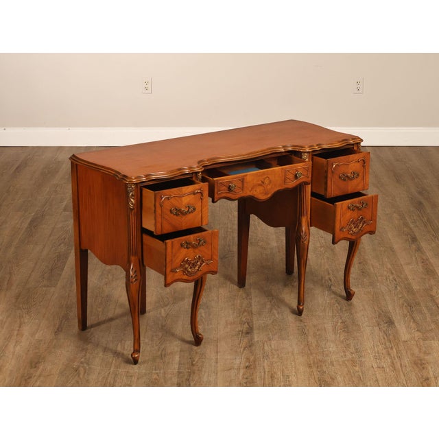 French Provincial 1930's French Louis XV Style SatinwoodInlaid Writing Desk Vanity For Sale - Image 3 of 18