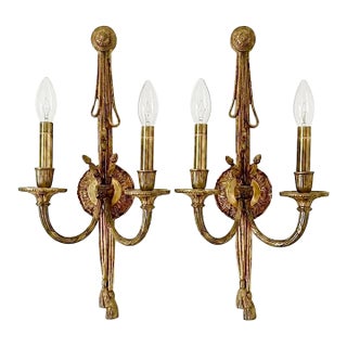 Vintage French Louis XVI Gilt Bronze Double-Arm Rope and Tassel Wall Sconces - a Pair For Sale