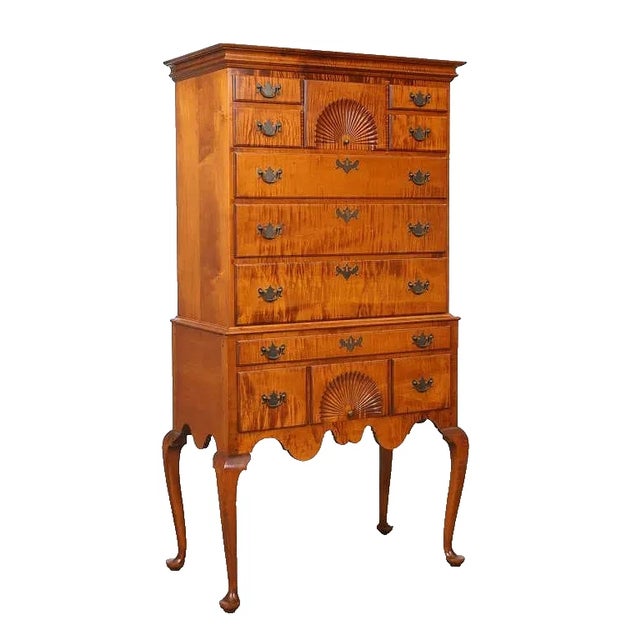 Store Item: Tiger Maple Highboy Benchmade by David LeFort of Hanover Massachusetts Description: Outstanding two part...