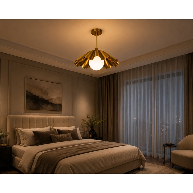 Contemporary Scalloped Brass Pendant Light, Handcrafted Solid Brass Scalloped Pendant With Opal Glass Globe For Sale - Image 3 of 12