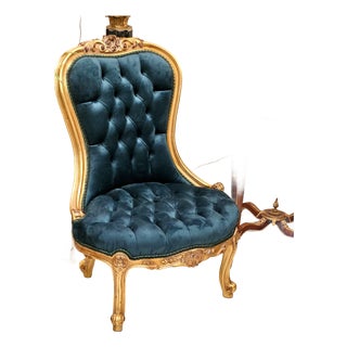 French Louis XV Style Bergère Chair – Bottle Green Tufted Velvet With Ornate Gold Leaf Frame For Sale