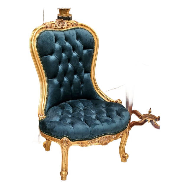 French Louis XV Style Bergère Chair – Bottle Green Tufted Velvet With Ornate Gold Leaf Frame For Sale