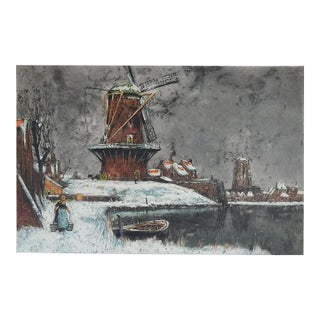 1919 Frantz Charlet Etching Windmill Winter For Sale
