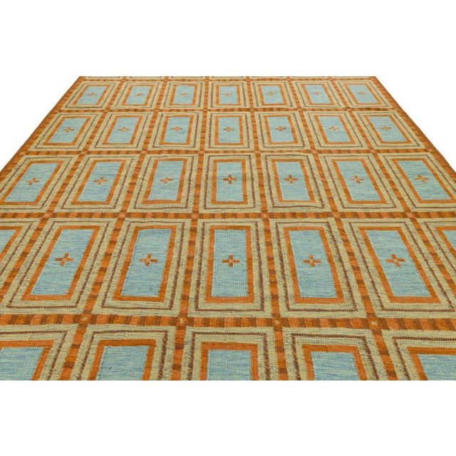 2020s Swedish-Style Geometric Flatweave Wool Rug in Rust and Sky Blue For Sale - Image 5 of 10
