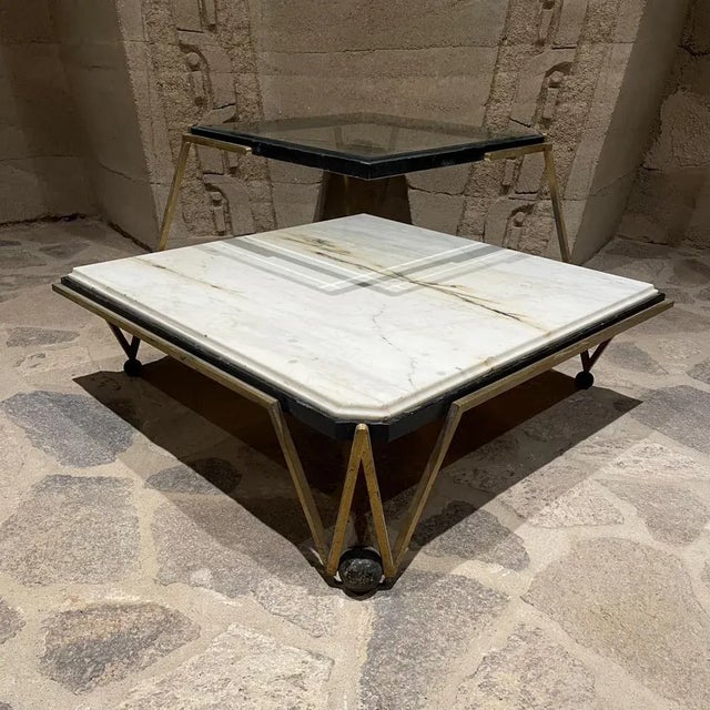 1950s Arturo Pani Mexico Corner Table in Marble Beveled Glass Bronze For Sale - Image 12 of 13